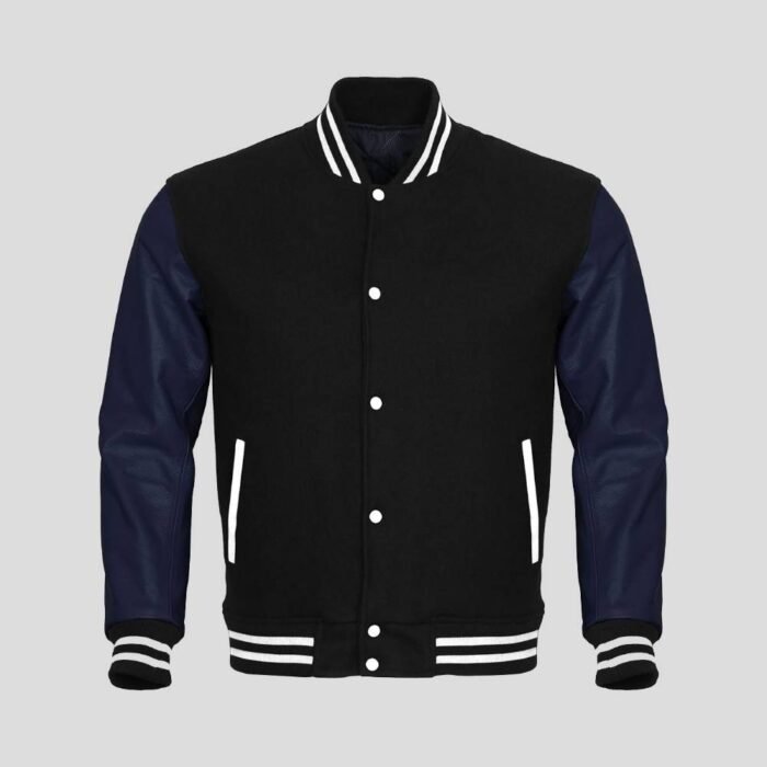Black Body and Navy Blue Leather Sleeves Varsity College Jacket