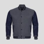 Gray Body and Navy Blue Leather Sleeves Varsity College Jacket - Sleek Men's Outerwear