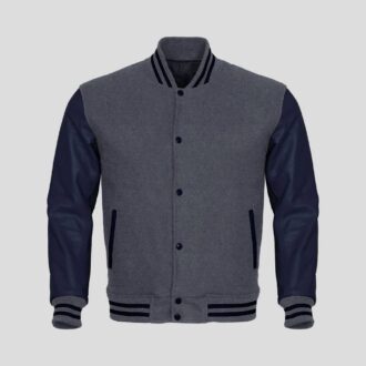 Gray Body and Navy Blue Leather Sleeves Varsity College Jacket