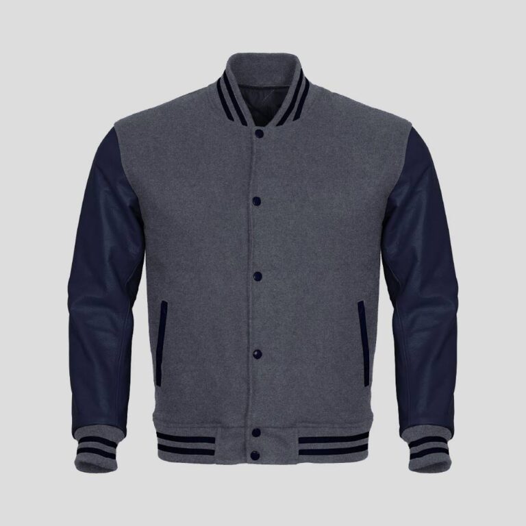 Gray Body and Navy Blue Leather Sleeves Varsity College Jacket