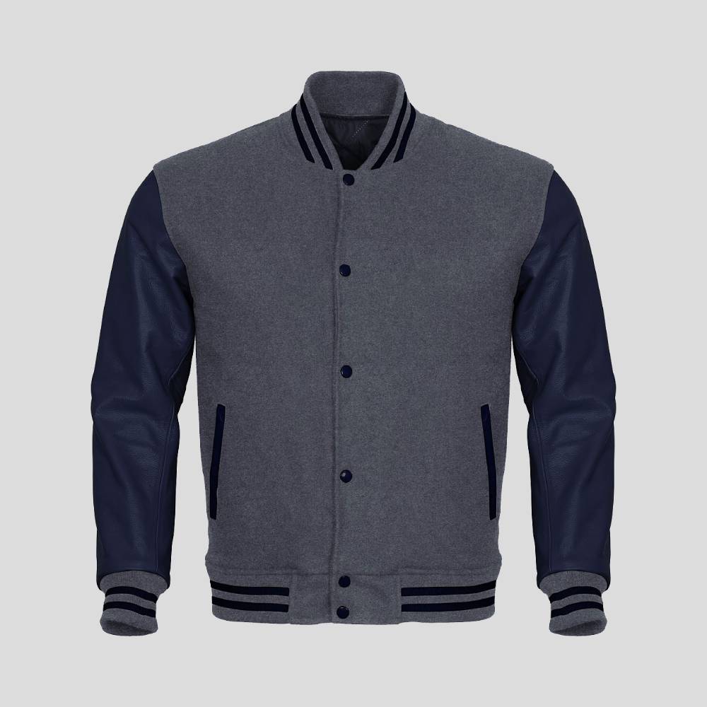 Gray Body and Navy Blue Leather Sleeves Varsity College Jacket | Sleek ...
