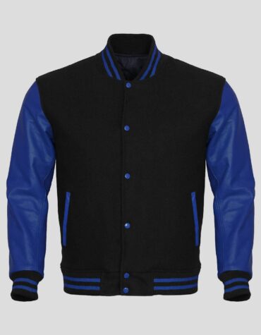 Black Body and Blue Leather Sleeves Varsity College Jacket