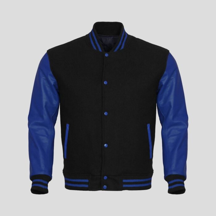 Black Body and Blue Leather Sleeves Varsity College Jacket