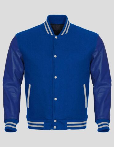 Blue Body and Blue Leather Sleeves Varsity College Jacket