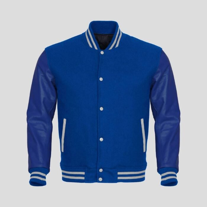 Blue Body and Blue Leather Sleeves Varsity College Jacket