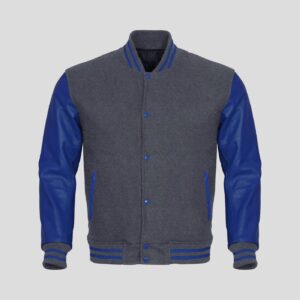 Gray Body and Blue Leather Sleeves Varsity College Jacket