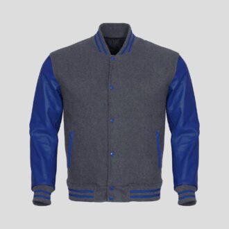 Gray Body and Blue Leather Sleeves Varsity College Jacket