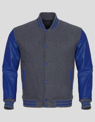 Gray Body and Blue Leather Sleeves Varsity College Jacket