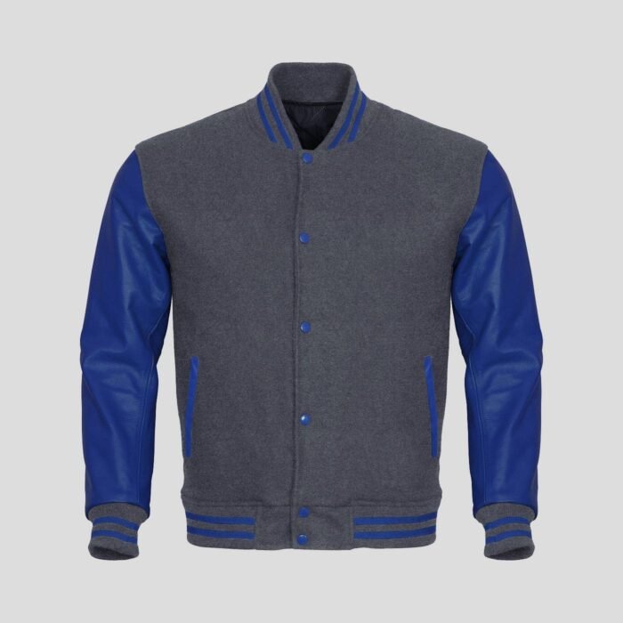 Gray Body and Blue Leather Sleeves Varsity College Jacket