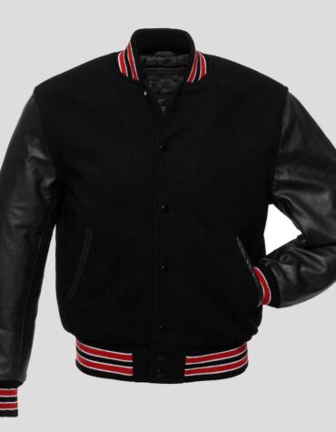 Black Body and Black Leather Sleeves Varsity College Jacket