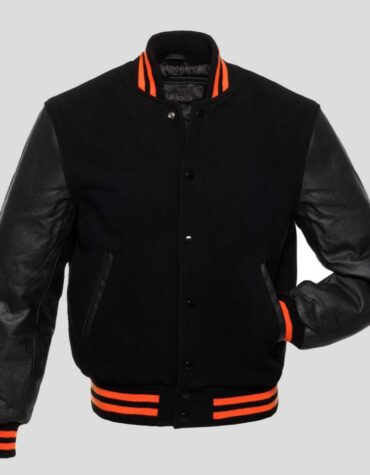 Black Body and Black Leather Sleeves Varsity College Jacket