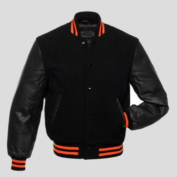 Black Body and Black Leather Sleeves Varsity College Jacket