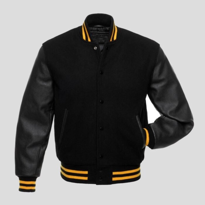 Black Body and Black Leather Sleeves Varsity College Jacket