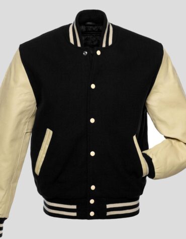 Black Body and Cream Leather Sleeves Varsity College Jacket