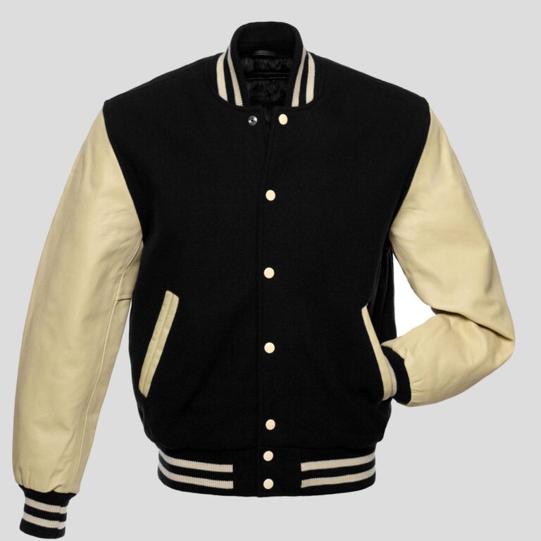 Black Body and Cream Leather Sleeves Varsity College Jacket