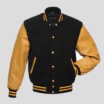 Black Body and Gold Leather Sleeves Varsity College Jacket - Regal Elegance