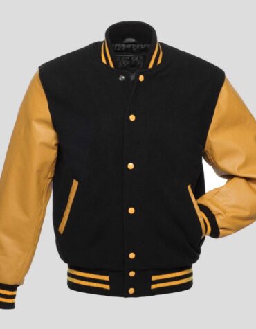 Black Body and Gold Leather Sleeves Varsity College Jacket