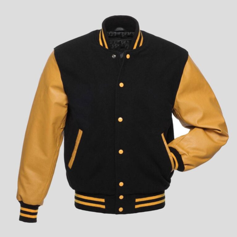 Black Body and Gold Leather Sleeves Varsity College Jacket