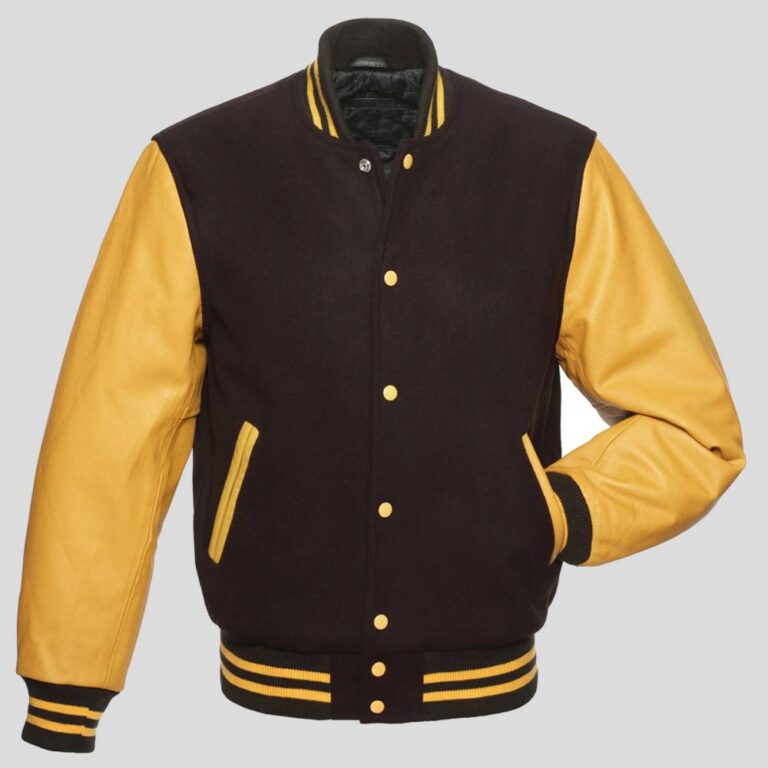 Brown Body and Gold Leather Sleeves Varsity College Jacket