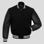 Black Body and Black Leather Sleeves Varsity College Jacket - Sleek Elegance