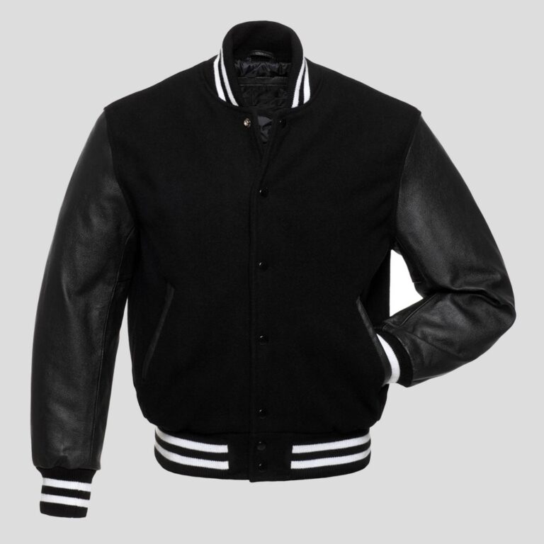 Black Body and Black Leather Sleeves Varsity College Jacket