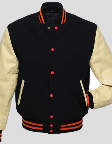 Black Body and Cream Leather Sleeves Varsity College Jacket