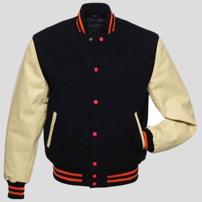 Black Body and Cream Leather Sleeves Varsity College Jacket