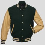 Forest Green Body and Cream Leather Sleeves Varsity College Jacket - Elegant Men's Outerwear