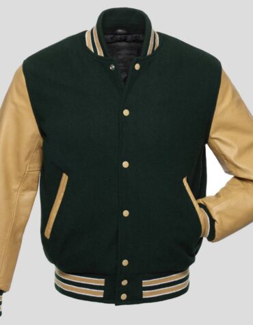 Forest Green Body and Cream Leather Sleeves Varsity College Jacket