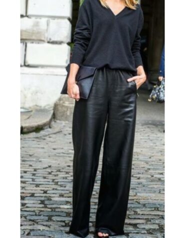 Classic Female Fashion Wide Leg Leather Trousers Pants