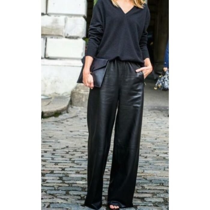 Classic Female Fashion Wide Leg Leather Trousers Pants