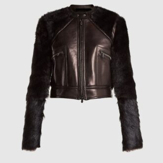 Contrast-Sleeve Leather & Shearling Biker Jacket