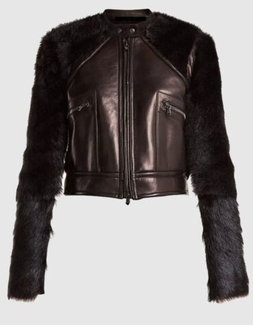 Contrast-Sleeve Leather & Shearling Biker Jacket