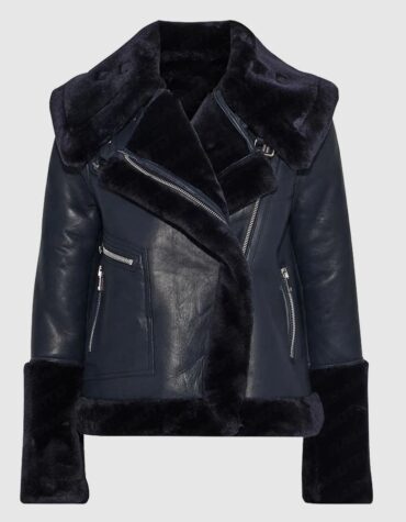 Navy Blue Lambskin Leather And Faux Fur Coat