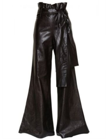 Vintage Style Wide Leg Black Leather Trousers Pants for Women