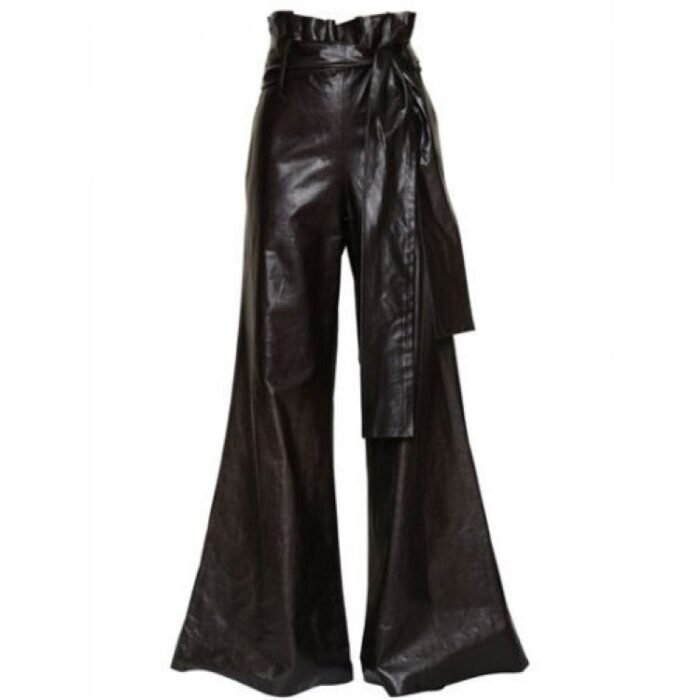 Vintage Style Wide Leg Black Leather Trousers Pants for Women