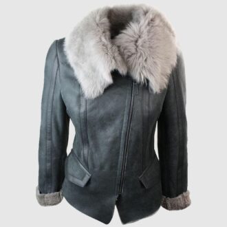 Women's Grey and White Shearling Leather Jacket
