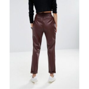 Womens Loose Fit Straight Leg Burgundy Leather Trouser Pants