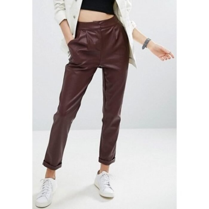 Womens Loose Fit Straight Leg Burgundy Leather Trouser Pants