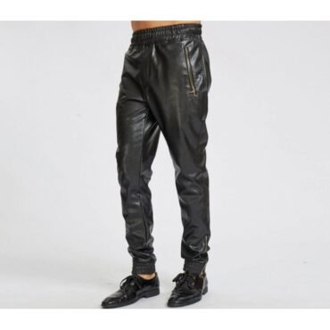 Ankle Zippers Pure Black Leather Joggings Trousers Pants For Male