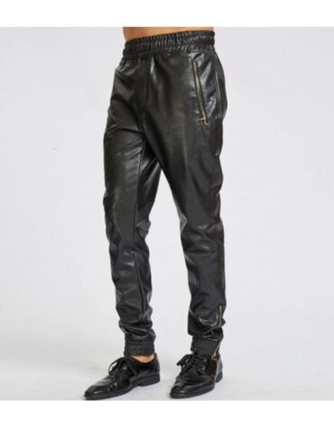 Ankle Zippers Pure Black Leather Joggings Trousers Pants For Male