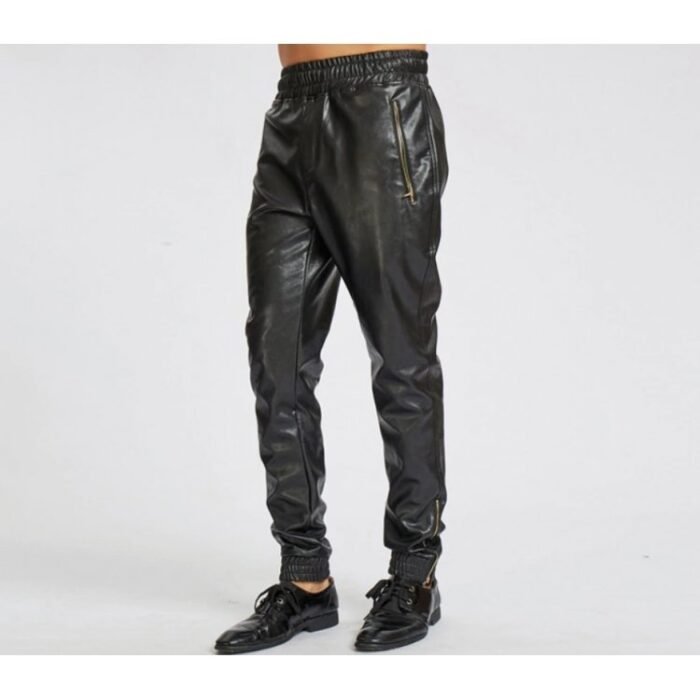 Ankle Zippers Pure Black Leather Joggings Trousers Pants For Male