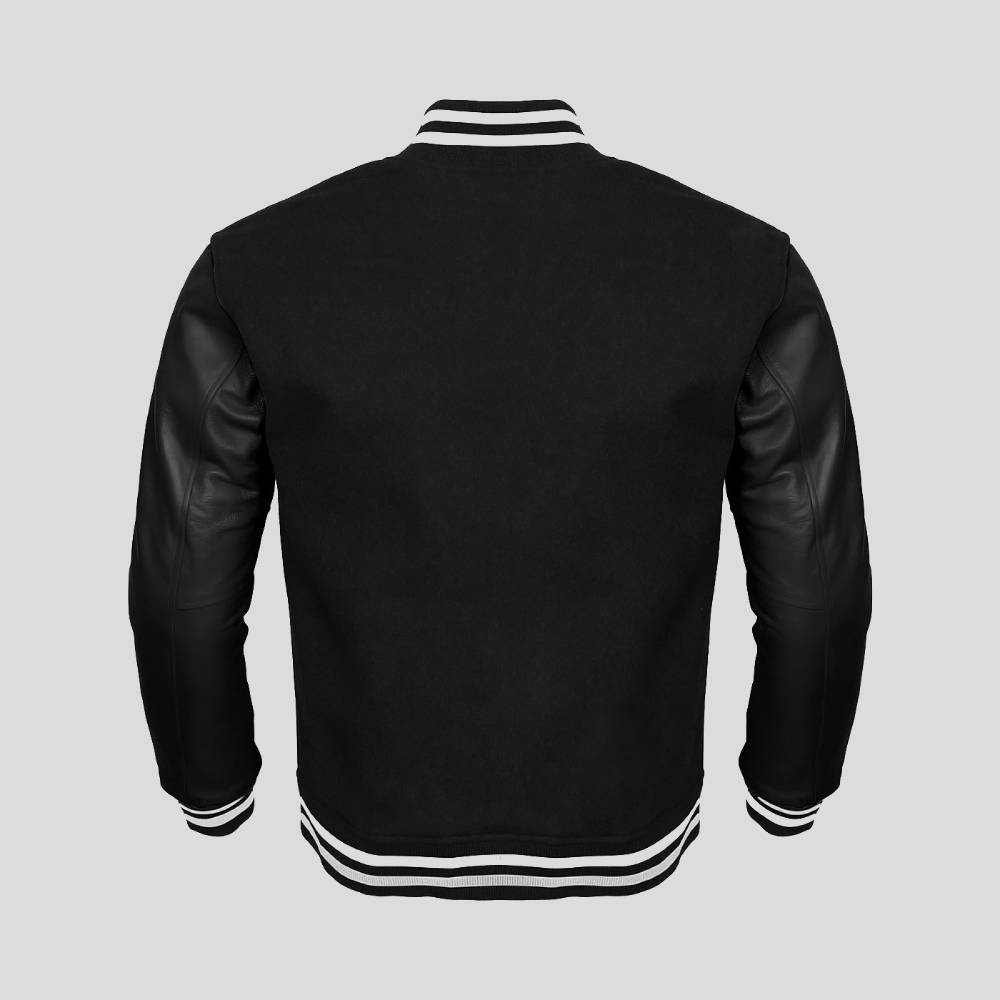 Black Body and Black Leather Sleeves Varsity College Jacket | Timeless ...