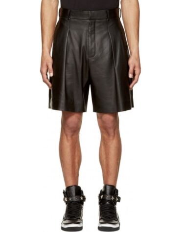 Black Leather Pleated Shorts for Men