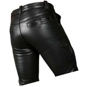 Double Front Zipper Real Sheepskin Black Leather Cargo Shorts For Men