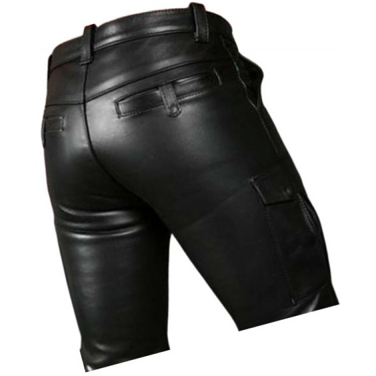 Double Front Zipper Real Sheepskin Black Leather Cargo Shorts for Men ...