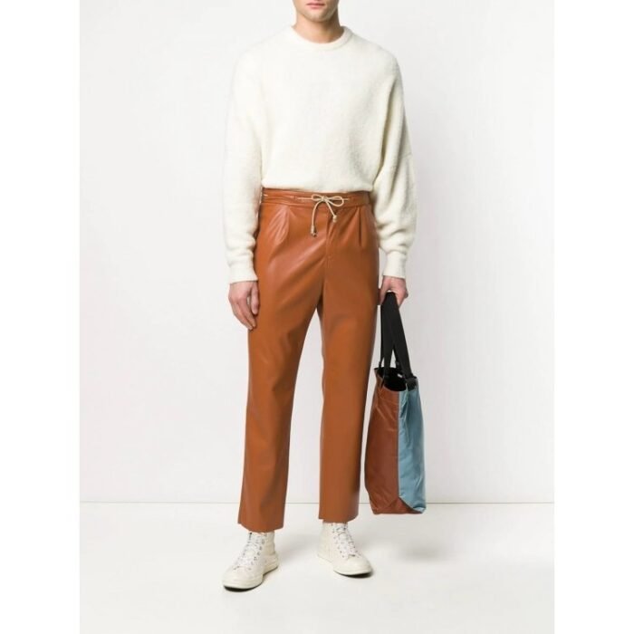 Drawstring Waist Tan Leather Trousers Pant for Men