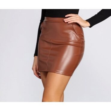 Girls High Rise Waist Hugging Fit Brown Leather Mini Skirt