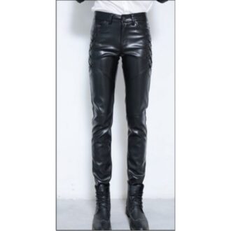 Male Hip Hop Style Genuine Black Leather Pencil Pants