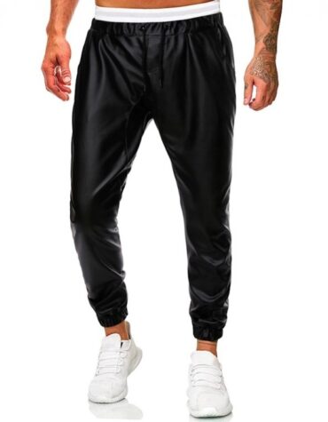 Men Casual Simple Black Leather Hombre Streetwear Joggers Pants